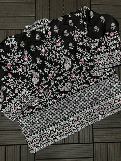 Gorgeous Black Satin Crepe Ready-To-Wear Saree With Sequins Work