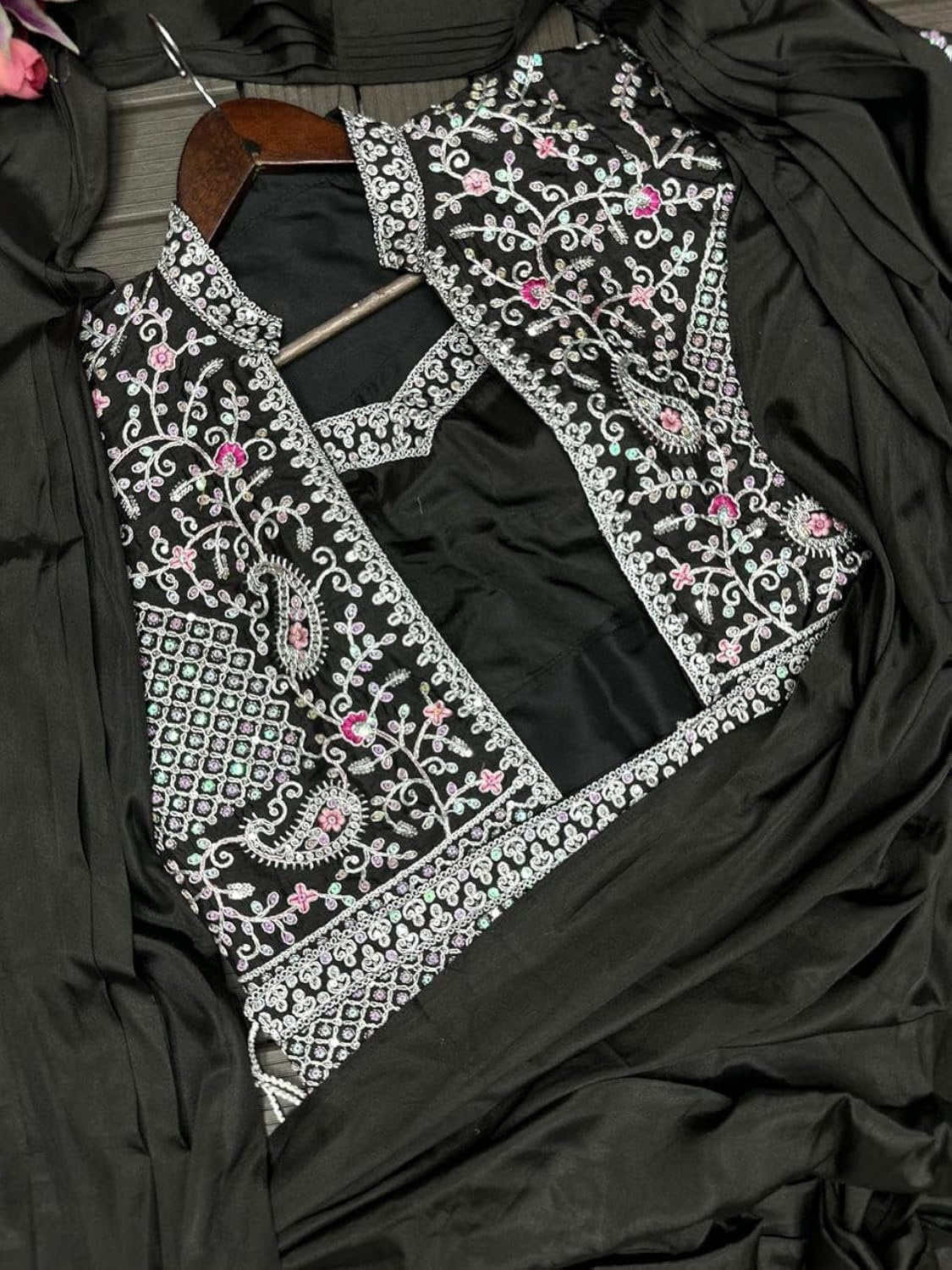 Gorgeous Black Satin Crepe Ready-To-Wear Saree With Sequins Work