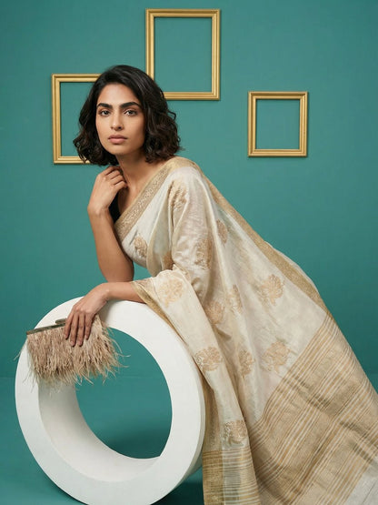 Latest Cream Tussar Silk Saree With Embroidery Work
