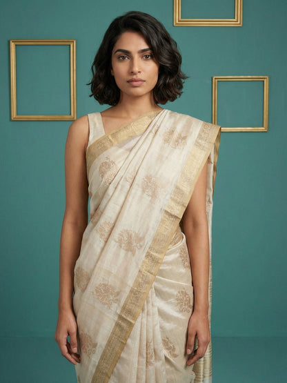 Latest Cream Tussar Silk Saree With Embroidery Work