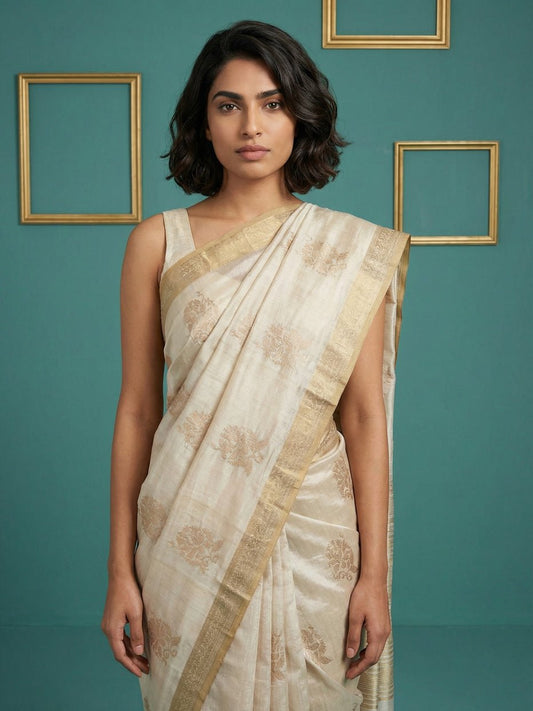 Latest Cream Tussar Silk Saree With Embroidery Work