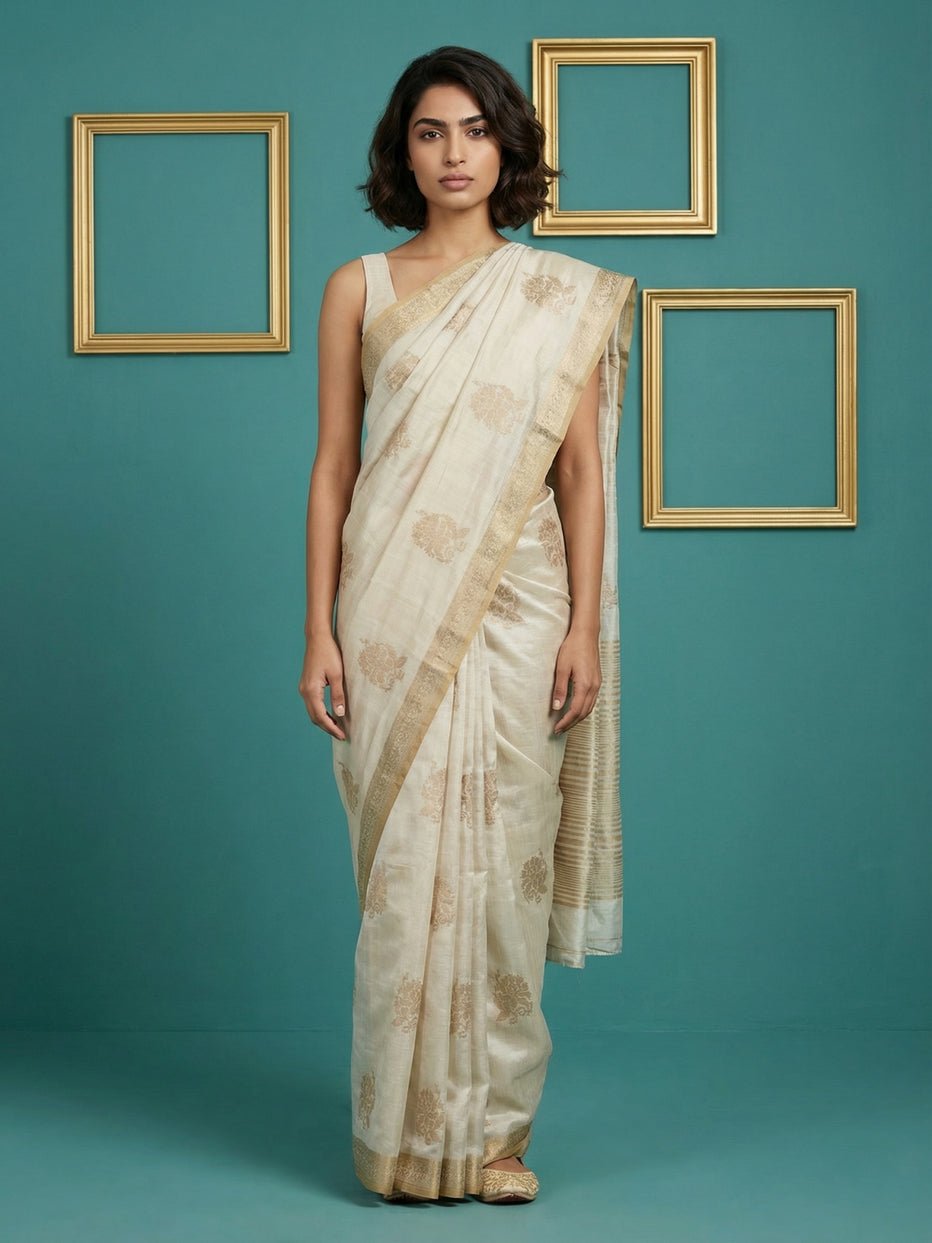 Latest Cream Tussar Silk Saree With Embroidery Work