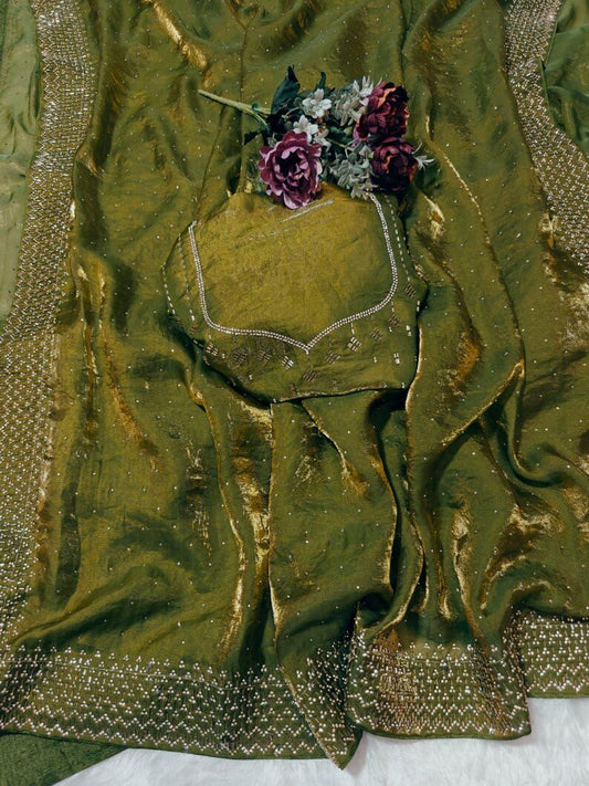 Olive Green Soft Space Silk Saree With Dual Shaded Fabric