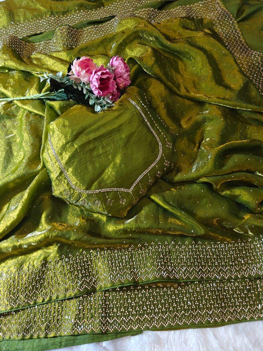 Olive Green Soft Space Silk Saree With Dual Shaded Fabric