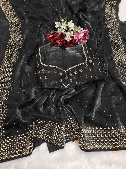 Black Soft Space Silk Saree With Dual Shaded Fabric