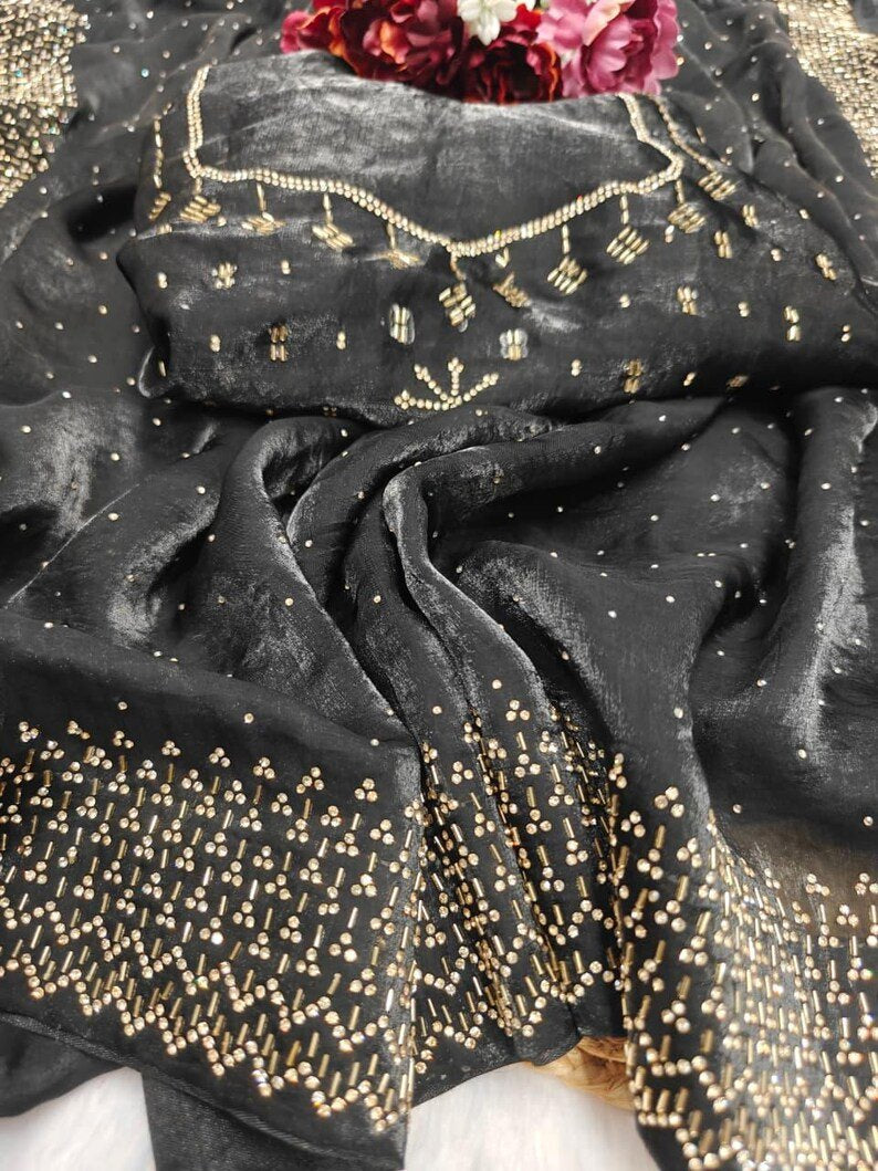 Black Soft Space Silk Saree With Dual Shaded Fabric