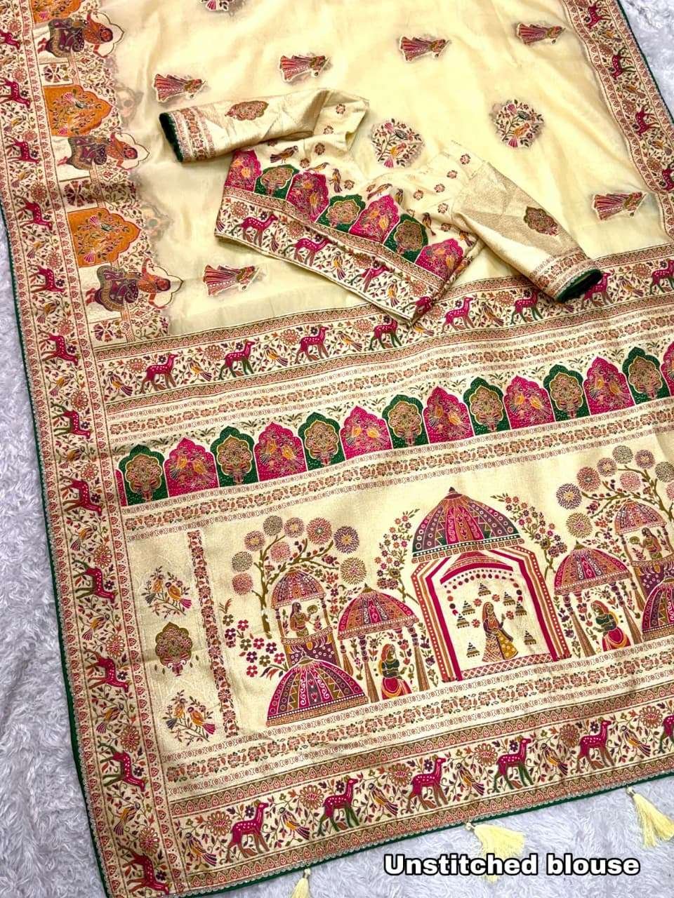 Cream Pure Organza Jacquard Saree With Running Blouse
