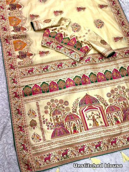 Cream Pure Organza Jacquard Saree With Running Blouse