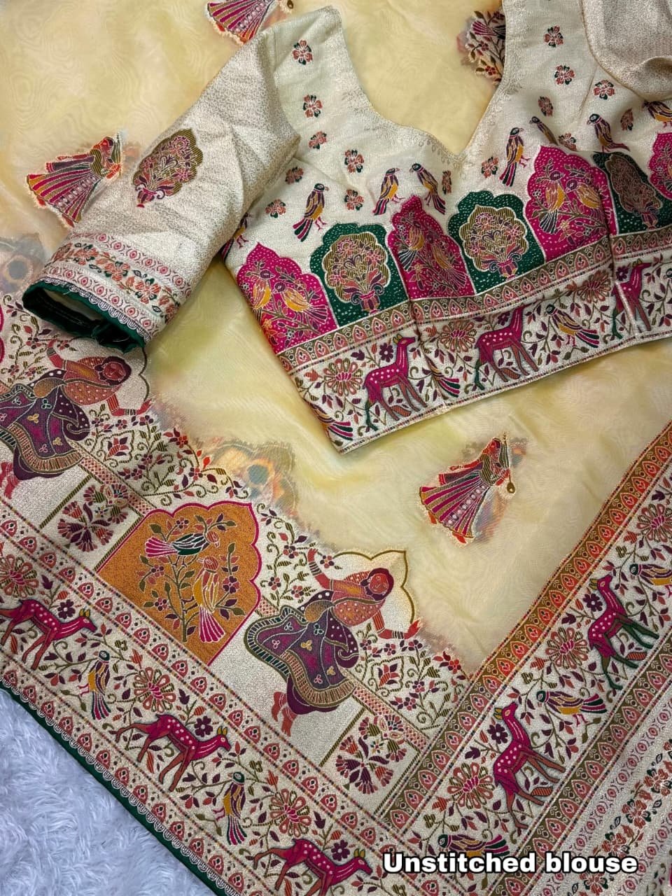 Cream Pure Organza Jacquard Saree With Running Blouse