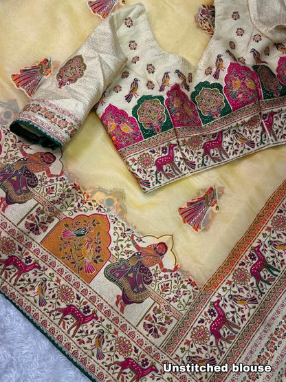 Cream Pure Organza Jacquard Saree With Running Blouse