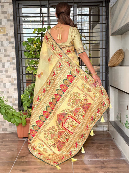 Cream Pure Organza Jacquard Saree With Running Blouse