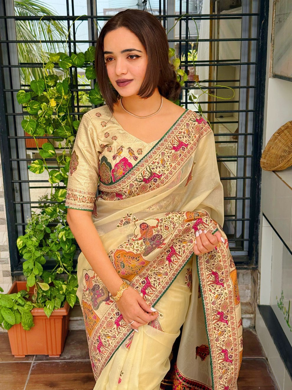 Cream Pure Organza Jacquard Saree With Running Blouse