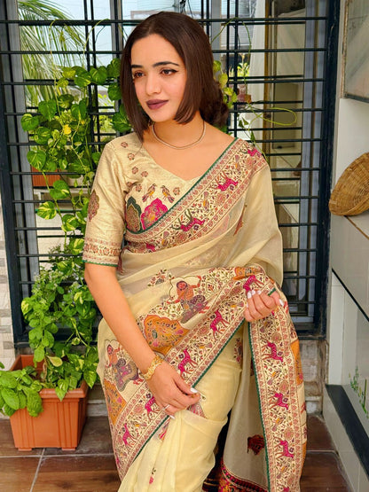 Cream Pure Organza Jacquard Saree With Running Blouse