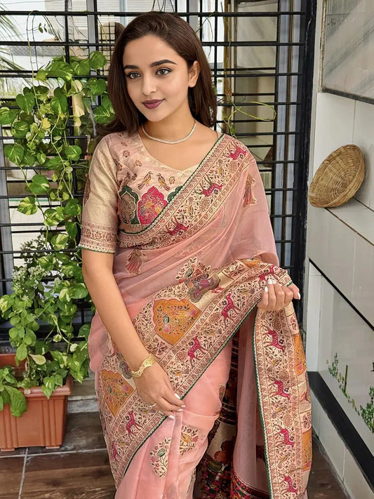 Peach Pure Organza Jacquard Saree With Zari Weaving