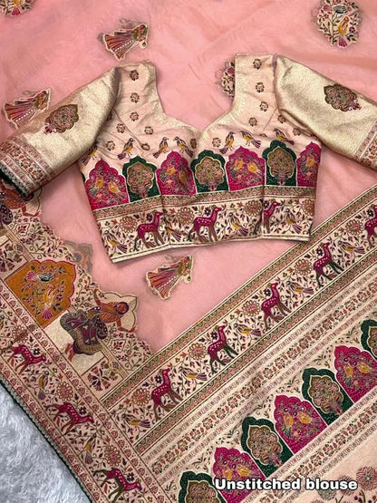 Peach Pure Organza Jacquard Saree With Zari Weaving