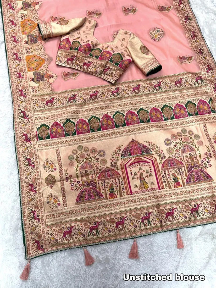 Peach Pure Organza Jacquard Saree With Zari Weaving