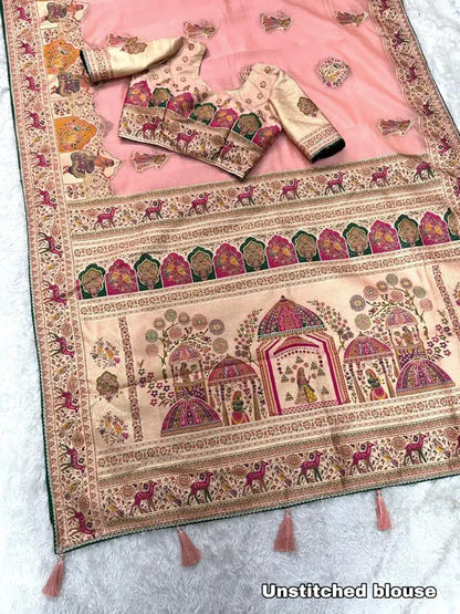 Peach Pure Organza Jacquard Saree With Zari Weaving