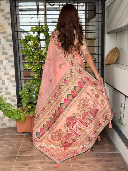 Peach Pure Organza Jacquard Saree With Zari Weaving