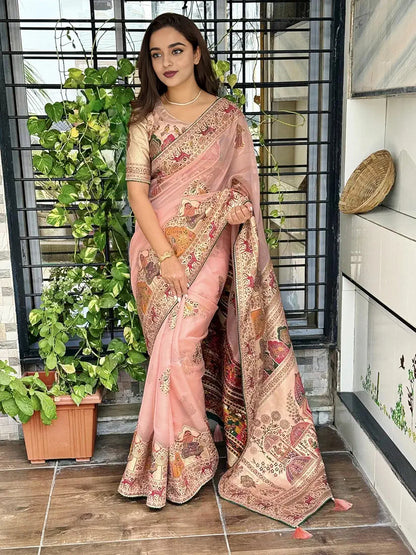 Peach Pure Organza Jacquard Saree With Zari Weaving