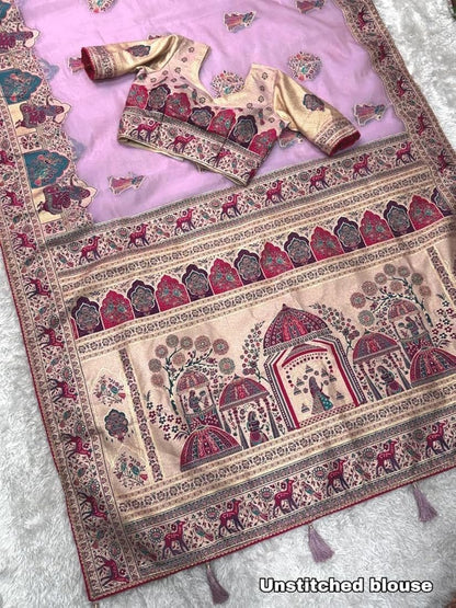 Lavender Pure Organza Jacquard Saree With Zari Weave Work