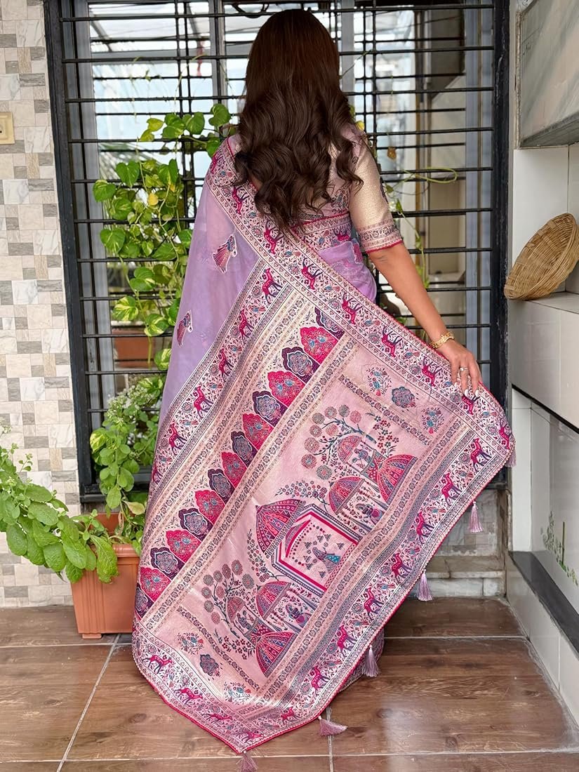 Lavender Pure Organza Jacquard Saree With Zari Weave Work