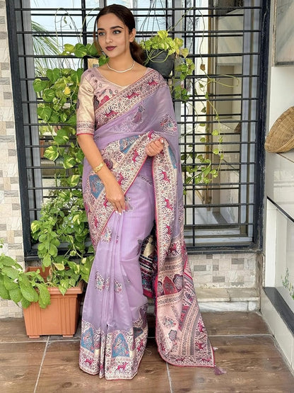 Lavender Pure Organza Jacquard Saree With Zari Weave Work