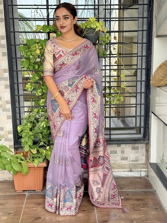 Lavender Pure Organza Jacquard Saree With Zari Weave Work