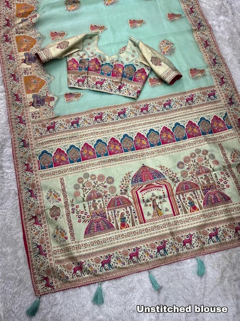 Sky Blue Pure Organza Jacquard Saree With Zari Weaving