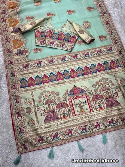 Sky Blue Pure Organza Jacquard Saree With Zari Weaving