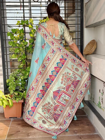 Sky Blue Pure Organza Jacquard Saree With Zari Weaving
