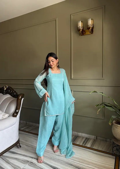 Sky Blue Cruchy Silk Farshi Salwar Suit Set With Siroski Work