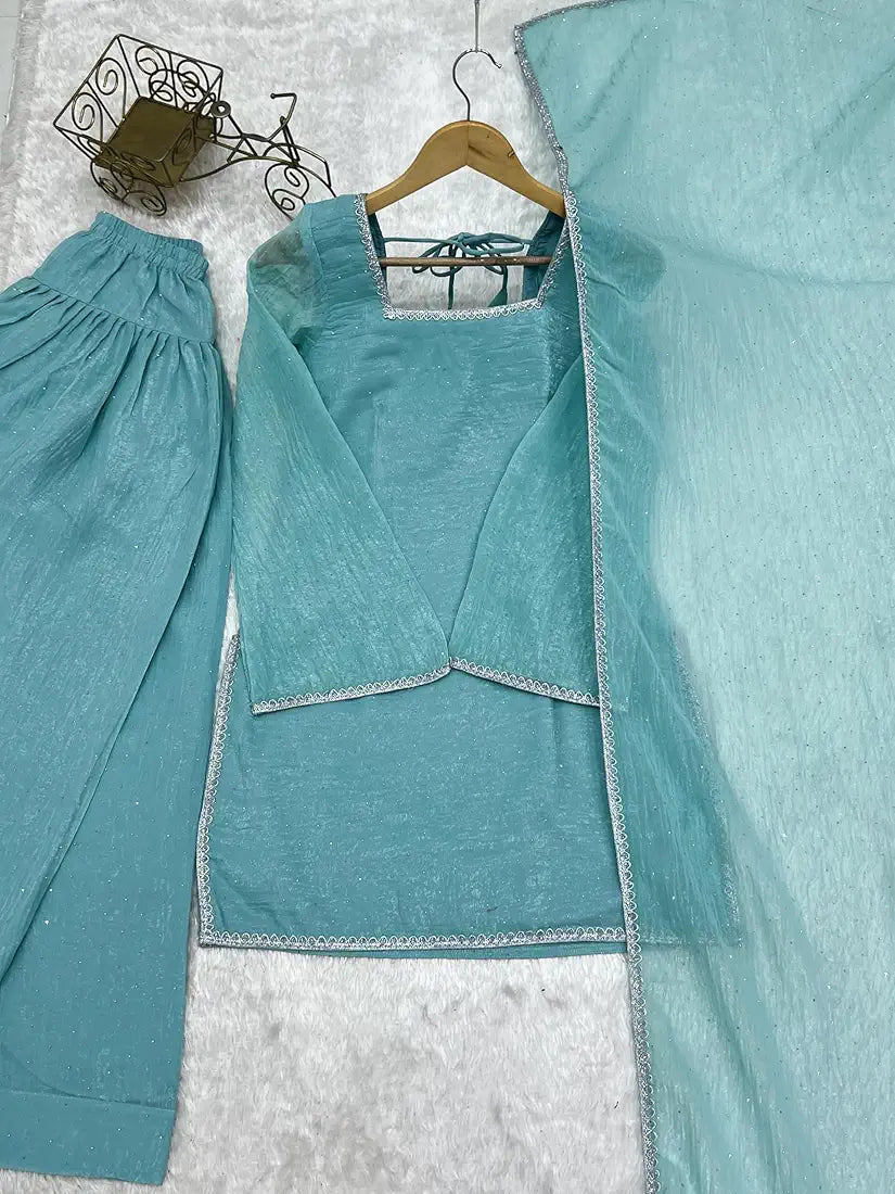 Sky Blue Cruchy Silk Farshi Salwar Suit Set With Siroski Work