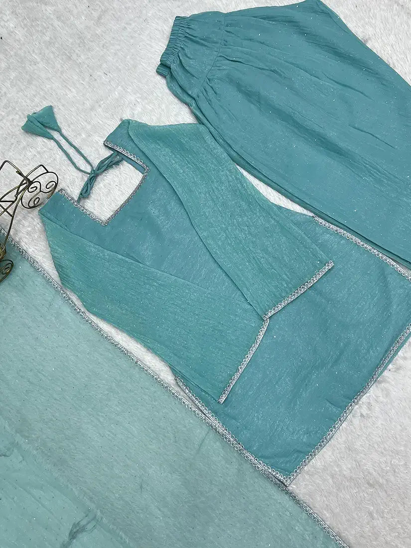 Sky Blue Cruchy Silk Farshi Salwar Suit Set With Siroski Work