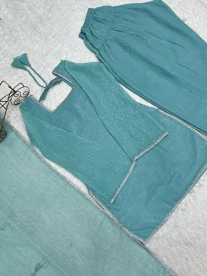 Sky Blue Cruchy Silk Farshi Salwar Suit Set With Siroski Work