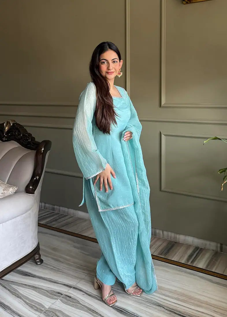 Sky Blue Cruchy Silk Farshi Salwar Suit Set With Siroski Work