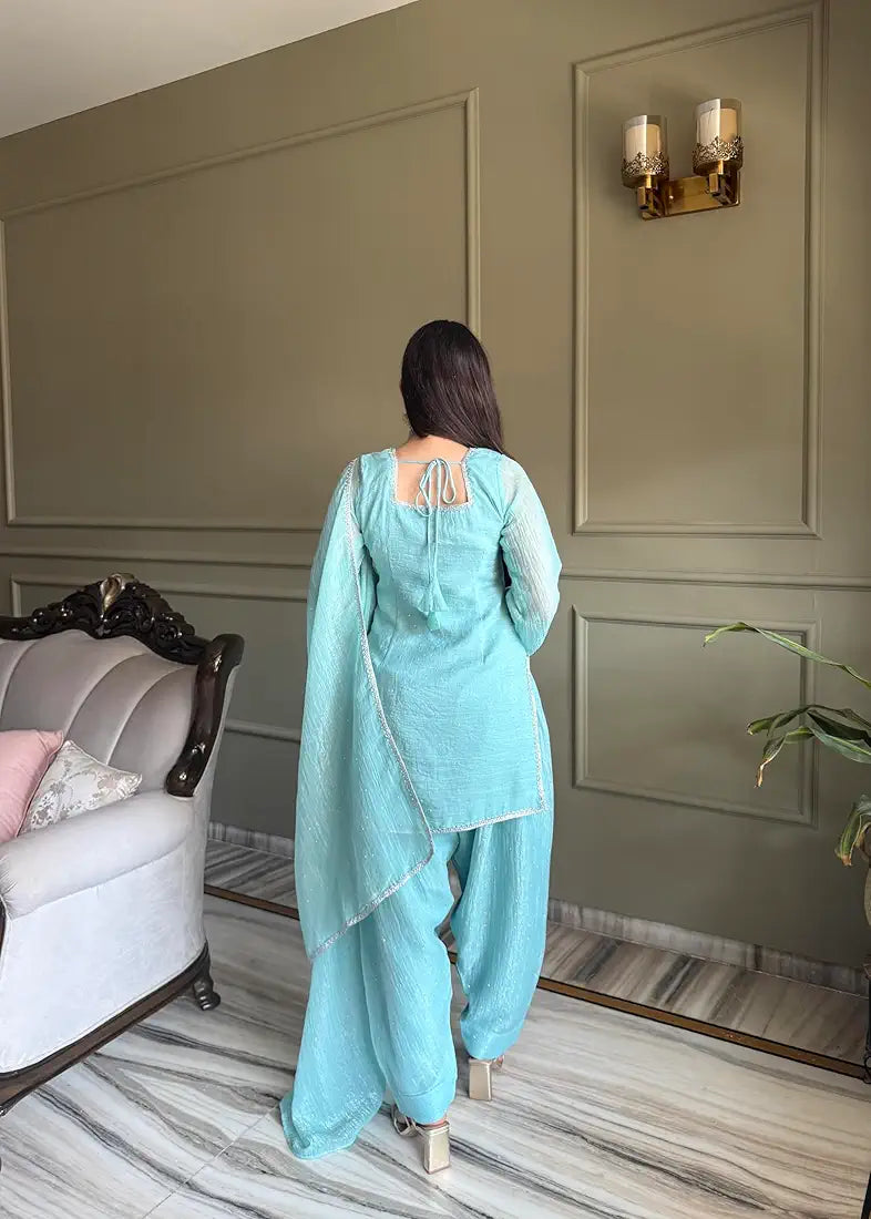 Sky Blue Cruchy Silk Farshi Salwar Suit Set With Siroski Work