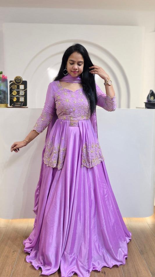 Lavender Chinon Silk Lehenga With Sequins Work