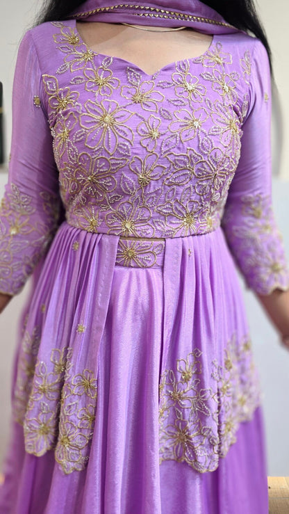 Lavender Chinon Silk Lehenga With Sequins Work