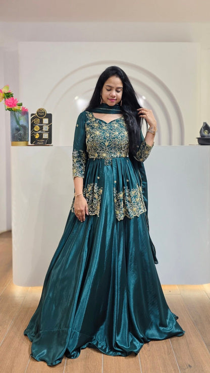Teal Green Chinon Silk Embroidered Lehenga Choli