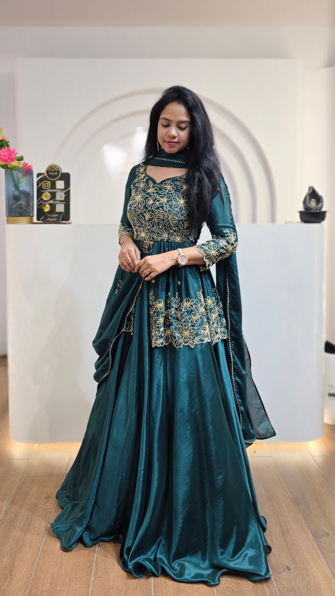 Teal Green Chinon Silk Embroidered Lehenga Choli