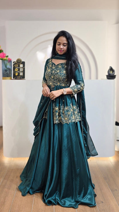 Teal Green Chinon Silk Embroidered Lehenga Choli