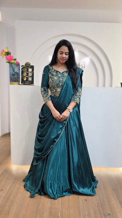 Teal Green Chinon Silk Embroidered Lehenga Choli