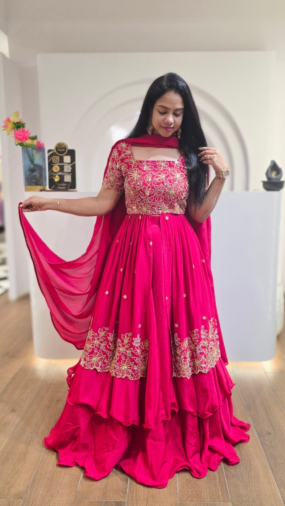 Gorgeous Magenta Pink Chinon Silk Lehenga With Sequins Work