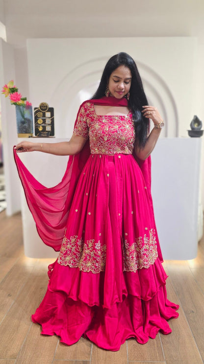Gorgeous Magenta Pink Chinon Silk Lehenga With Sequins Work