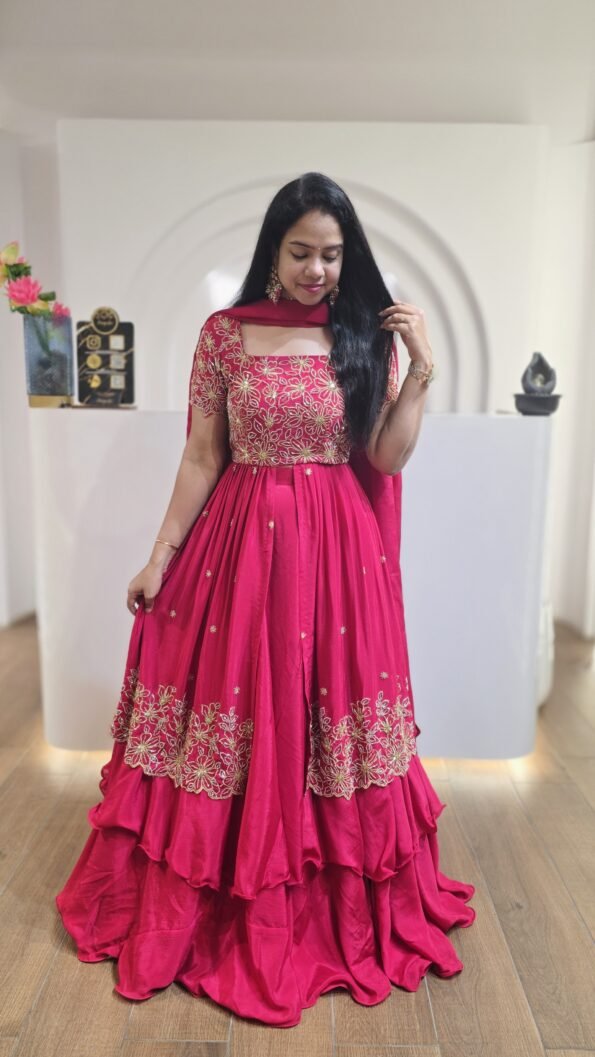Gorgeous Magenta Pink Chinon Silk Lehenga With Sequins Work