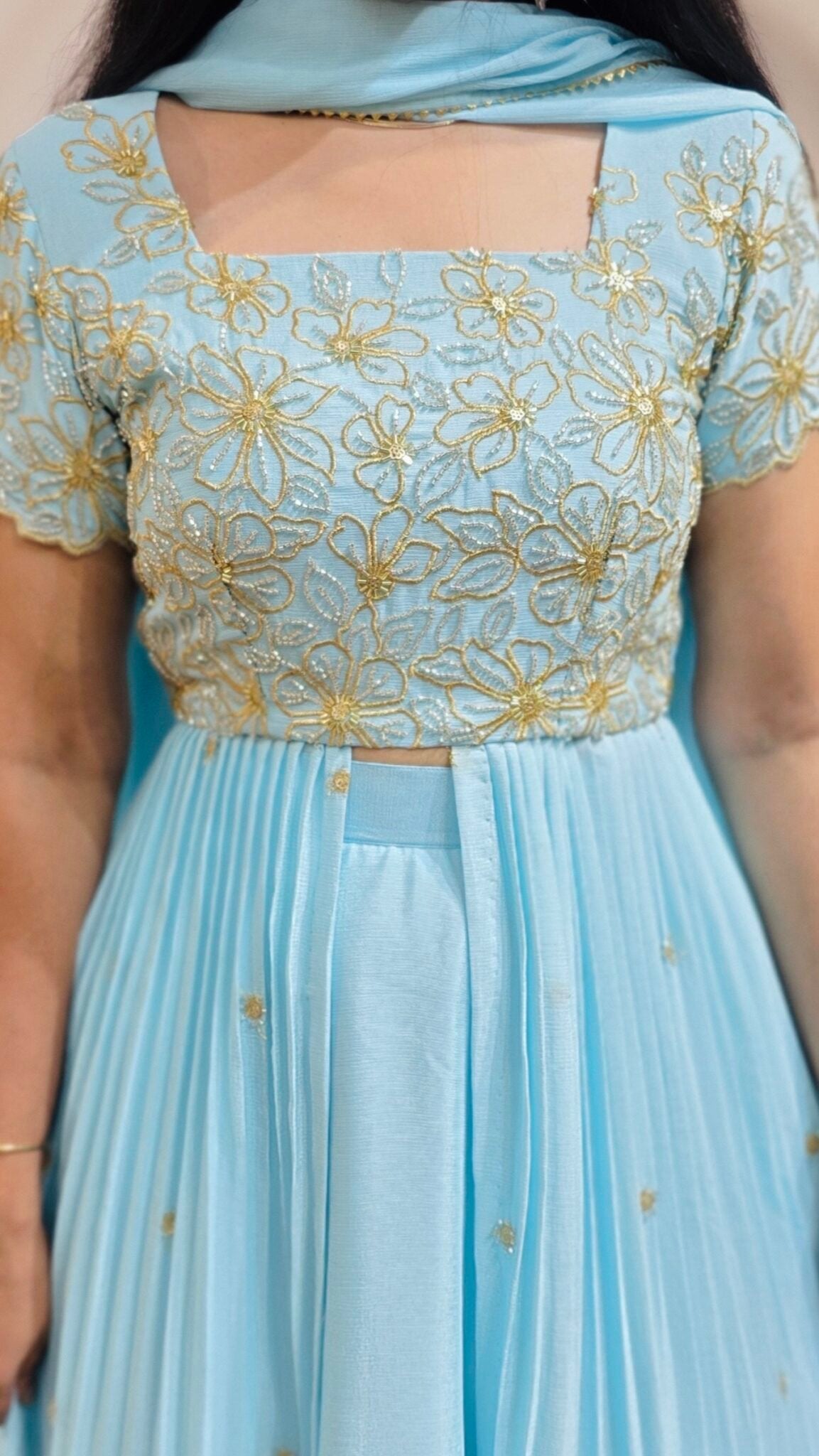 Aqua Blue Chinon Silk Lehenga With Sequins Work
