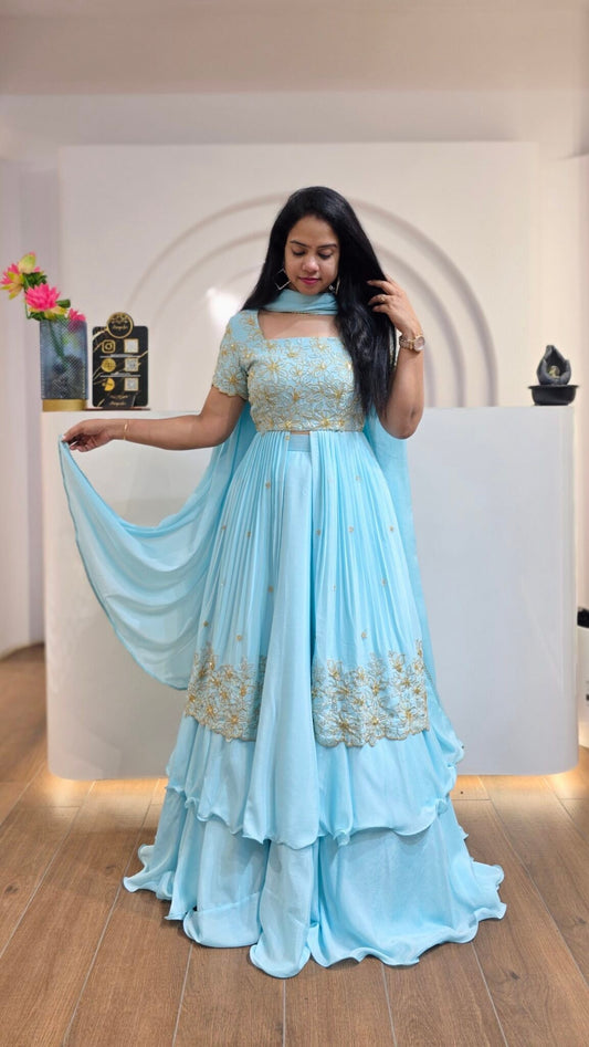 Aqua Blue Chinon Silk Lehenga With Sequins Work