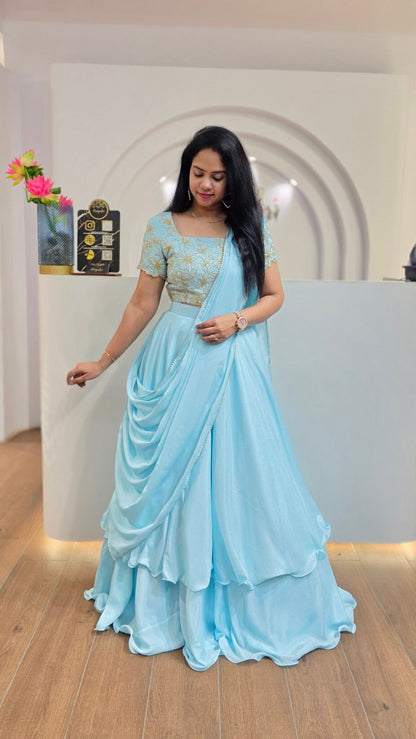 Aqua Blue Chinon Silk Lehenga With Sequins Work