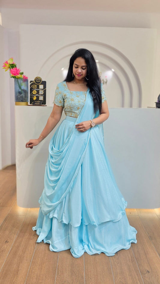 Aqua Blue Chinon Silk Lehenga With Sequins Work