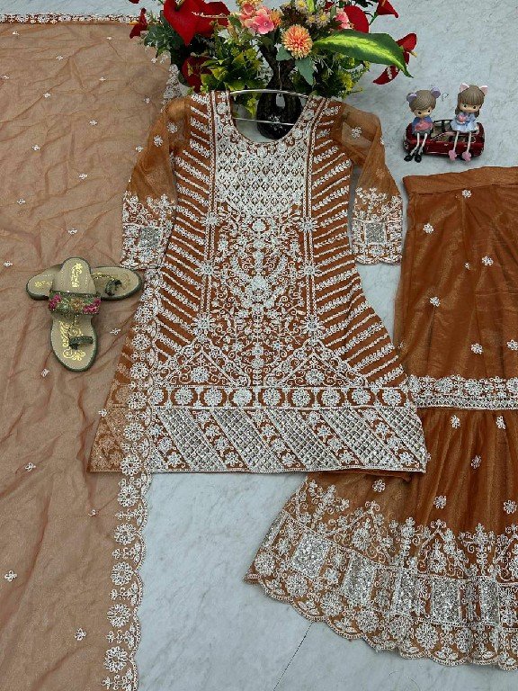 Rust Orange Lily Net Farshi Sharara &amp; Dupatta Suit